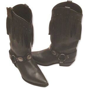 Laredo Black Leather Western Cowboy Boot Fringe Harness Silver Conchos Size-8.5